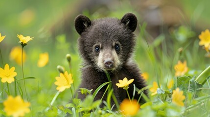 A charming young bear cub is having fun on the yellow-flowering grass.