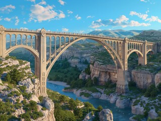 A bridge spans a river with a lush green valley below. The bridge is old and has a rustic appearance. The sky is clear and blue, and the sun is shining brightly. Concept of adventure and exploration - obrazy, fototapety, plakaty