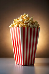 Crispy, buttery, golden popcorn in a classic red and white container