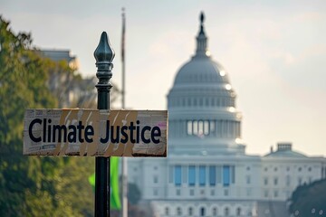 Climate Justice text on a banner outside the Capitol in washington dc