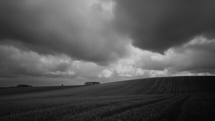 Black and white photography of the meadow, dark with clouds. Landscapes photography
