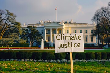 Climate Justice text on a banner outside the white house in washington dc