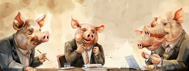 The power of positivity: cheerful pigs in suits assemble for a formal meeting, radiating happiness and spreading contagious smiles all around. © Pink Badger