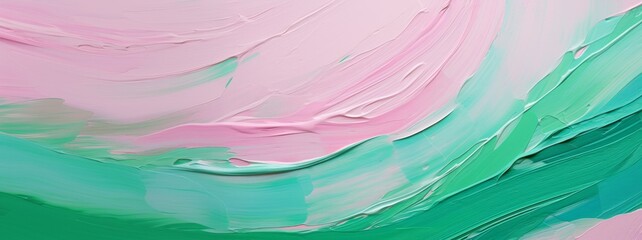Closeup of abstract rough colorful green pink colors art painting texture background wallpaper, with oil or acrylic brushstroke waves, pallet knife paint on canvas