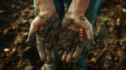 Earthy hands cradle a handful of rich, fertile soil, symbolizing growth and the nurturing essence of agriculture.
