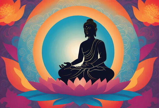 a vector illustration of a sitting buddha with lotus flowers in the background