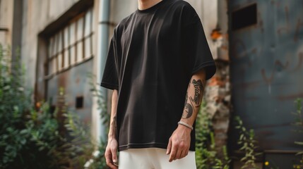 modern man in casual black t-shirt, embodying urban streetwear with a cool tattoo and relaxed summer style