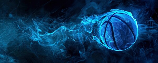 glowing blue basketball with blue smoke with black background - obrazy, fototapety, plakaty