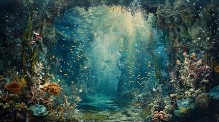 Illustrate a classic literature scene in a watercolor painting set in a mesmerizing underwater world Infuse the artwork with unexpected camera angles to invite viewers to explore the depths  - obrazy, fototapety, plakaty