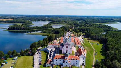 aerial pictures made with a dji mini 4 pro drone over Wigry Lake and the Post Camaldolian Monastery, Poland.