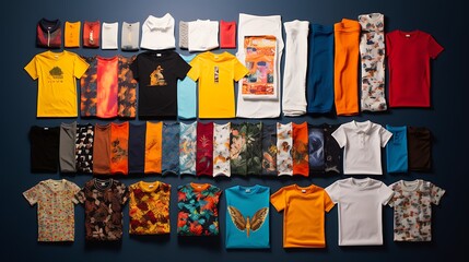 A creative flat lay of various t-shirts arranged in a visually appealing composition, emphasizing colors and patterns.