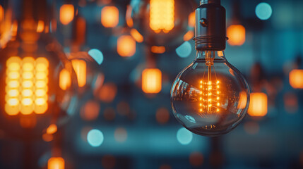Vintage light bulbs glowing with a warm filament, hanging against a deep blue, bokeh-light-filled background. - Powered by Adobe