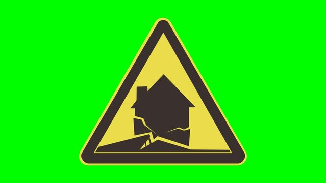 Appearance of yellow and black triangular earthquake danger sign with a house with crack and seismic fault coming from front on green background, transparent background with alpha channel