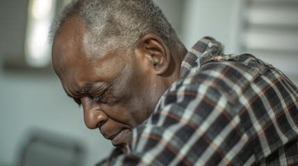 Elderly man distressed or fatigued, with his head down in a somber setting, reflecting deep thought or concern.