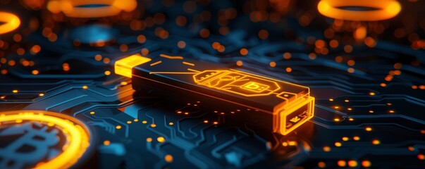 Using a beautiful image of a glowing yellowish USB pendrive as a safe place to keep cryptocurrency, - obrazy, fototapety, plakaty