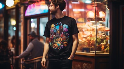 A person wearing a retro graphic t-shirt, showcasing a nostalgic design with crisp details and vivid colors.
