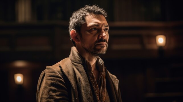 The Shakespearean Soliloquy, Amidst the grandeur of a Renaissance-era castle, an actor delivers a stirring Shakespearean soliloquy. Generated AI.