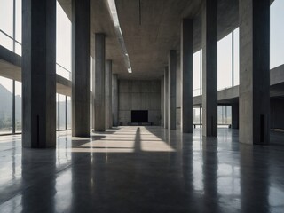 Minimalistic concrete interior with tall columns and minimalist furnishings.