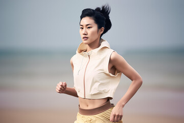 Beach Running: Asian Woman with Short Hair