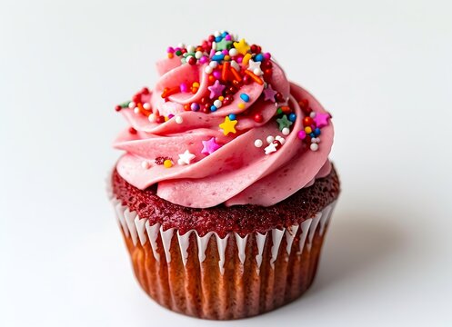 A photo of a single red velvet cupcake with pink frosting and colorful sprinkles on a white background, viewed from the side with space for text or a message
