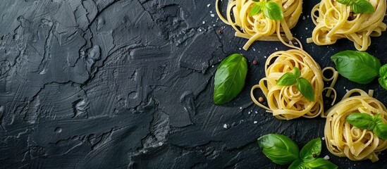 Vegetarian vegetable pasta with zucchini, basil, cream, and cheese arranged on a black stone surface. Zucchini noodles presented from a top view with copy space.