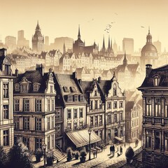 Fototapeta premium vintage houses create a beautiful silhouette against the urban skyline, illustration