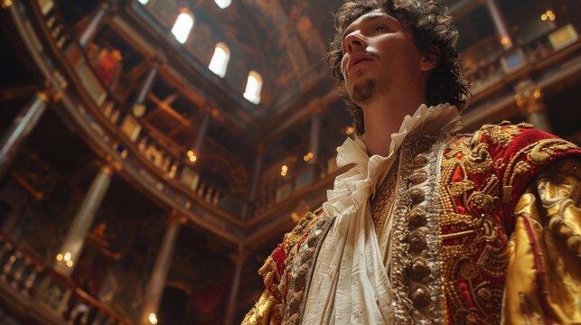 The Shakespearean Soliloquy, Amidst the grandeur of a Renaissance-era castle, an actor delivers a stirring Shakespearean soliloquy. Generated AI.