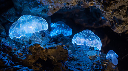 Glowing jellyfish in aquarium closeup  Medusa neon jellyfish fantasy
