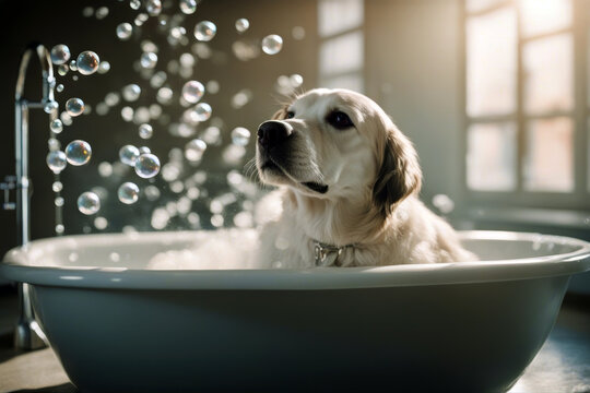 Bath Taking Funny Dog Bubble canino humor grey domestic interior pet fun clean soak bathtub groom faucet tub wet bathroom house residence rty hygiene bathe
