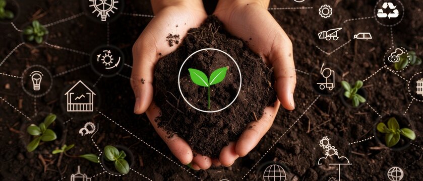 Aerial photograph of hands with a green plant in the dirt