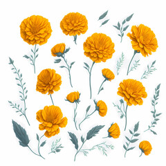 Obraz premium Yellow marigold or yellow flower with composition of flower and leaf segments isolated on white background.