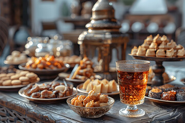 An image representing the celebration and traditions of Eid-al-Adha and Ramadan, with a focus on the Muslim community and their religious practices.