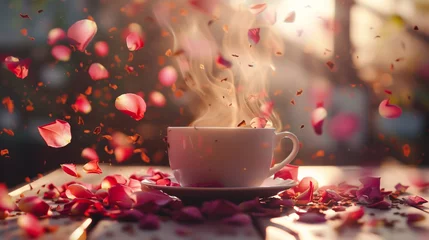  hot cup of coffee with rose petals sitting on it, © HillTract
