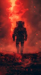 Lone Astronaut Braves the Desolate Expanse of Mars,Silhouetted Against the Crimson Sky