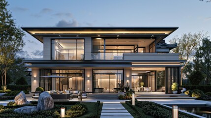 Fototapeta premium Modern Chinese style, single-family villa, three floors, two floors, perspective renderings, real scenery, ultra-high definition resolution.