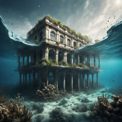 Striking images of nature reclaiming man-made structures, illustrating the passage of time. underwater ocean concept. photorealistic. concept of Apocalyptic Architecture