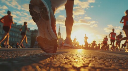 closeup of a runners feet and legs during a marathon at dusk with other competitors in the background - obrazy, fototapety, plakaty