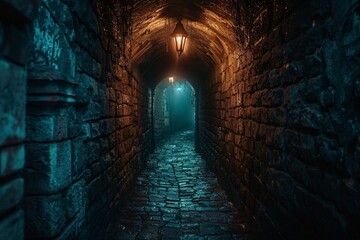 Nobody in old vintage stone brick architecture and narrow dark alley with illuminated silhouette...