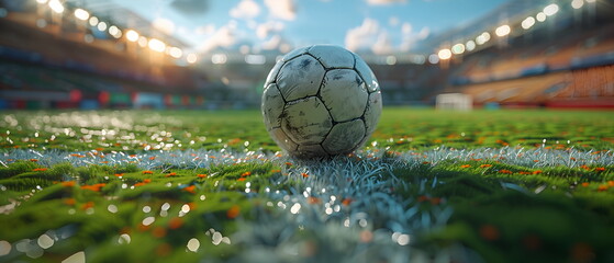 Football ball on grass field under blue sky, football field, soccer sport