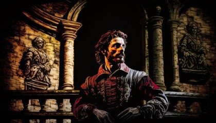 The Shakespearean Soliloquy, Amidst the grandeur of a Renaissance-era castle, an actor delivers a stirring Shakespearean soliloquy. Generated AI.