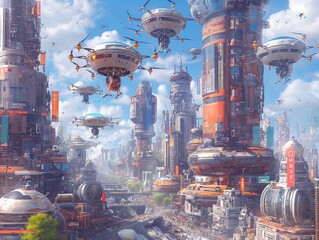 A futuristic cityscape with many flying drones and buildings. Scene is one of excitement and wonder, as the city is filled with advanced technology and futuristic architecture