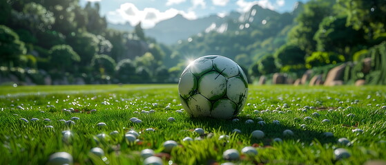 Football ball on grass field under blue sky, football field, soccer sport