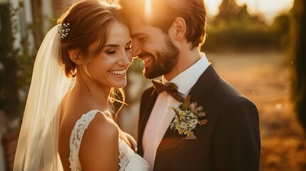 Intimate Sunset Wedding Embrace. Concept Sunset Lighting, Romantic Moments, Candid Shots, Beautiful Backdrops, Natural Poses