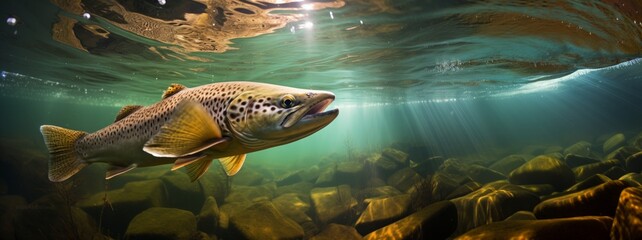 Underwater photo of The Brown Trout (Salmo Trutta) in a mountain lake. Close up with shallow DOF. - obrazy, fototapety, plakaty