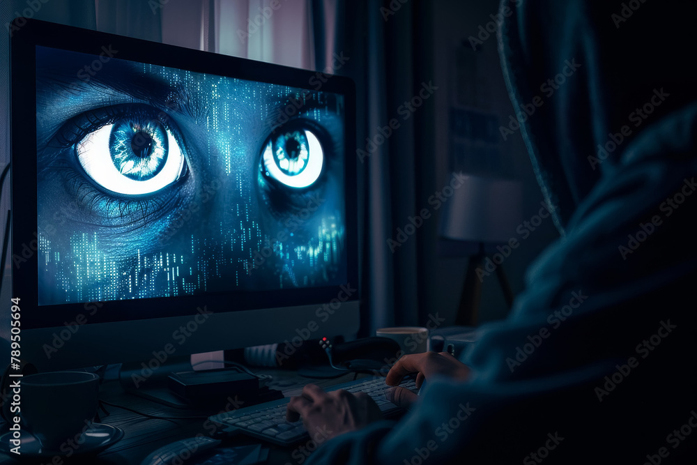 Poster mysterious eyes observing from computer screen