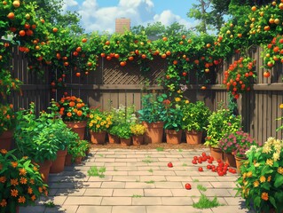 Fototapeta na wymiar A garden with a fence and a lot of plants. The plants are in pots and there are many oranges on the fence