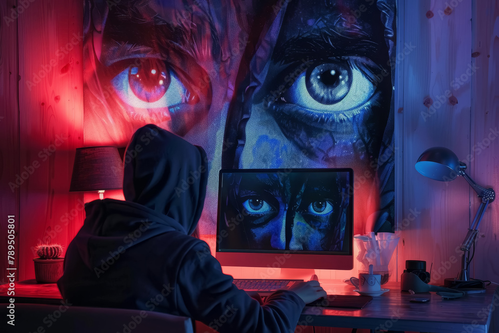 Poster mysterious eyes observing from computer screen
