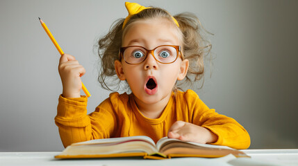 Surprised Young Girl holding a pen and a book with Glasses Studying: Astonished Child at Desk - obrazy, fototapety, plakaty
