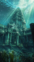 The majestic temple complex, submerged underwater. Bioluminescent plants illuminate the ancient structure