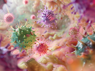 a surreal scene where viruses morph and mutate in a fantastical environment